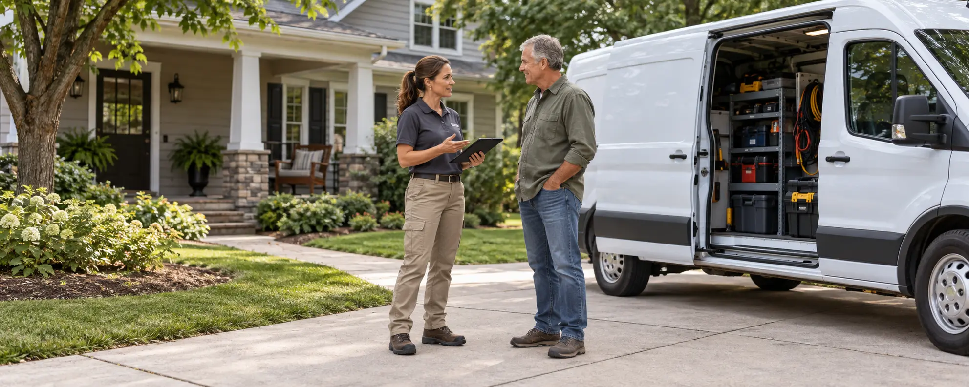 HVAC technician talking with a homeowner beside a service van